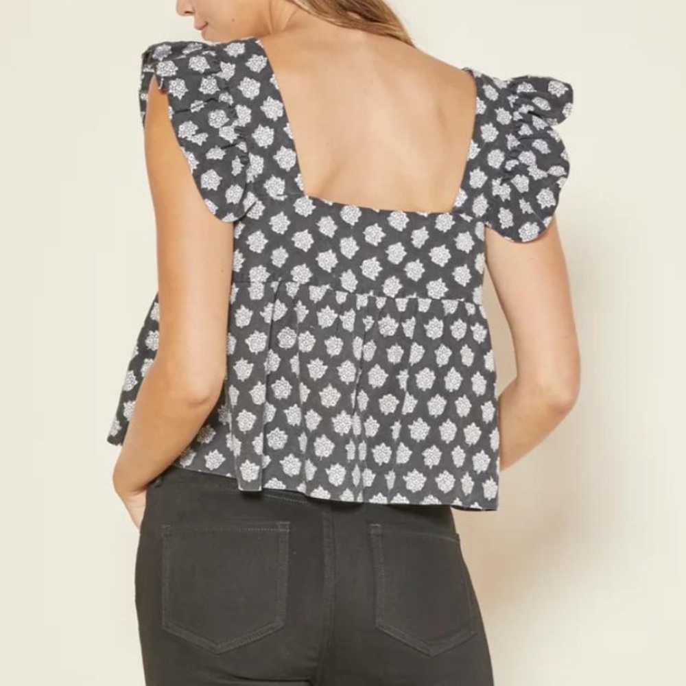 Outerknown Gray Black White Astrid Floral Babydoll Tank Top Waist Crop Small - Picture 2 of 8